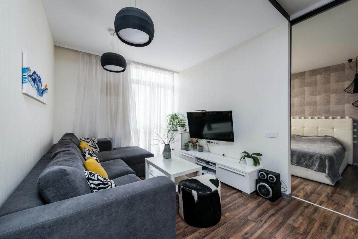 Bright living room interior with modern furnishings and cozy atmosphere, featuring a gray sofa and indoor plants.