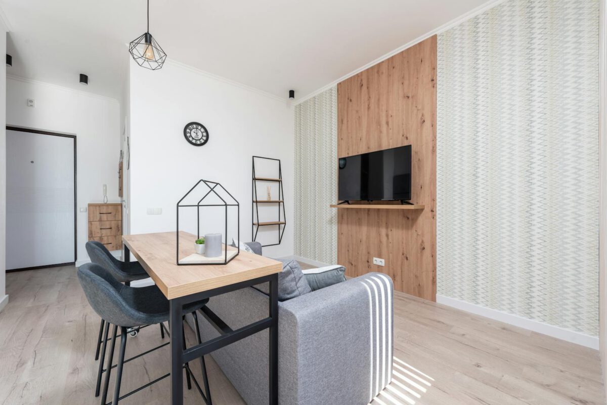 Comfortable living room with contemporary interior with TV and sofa gray sofa in bright daylight