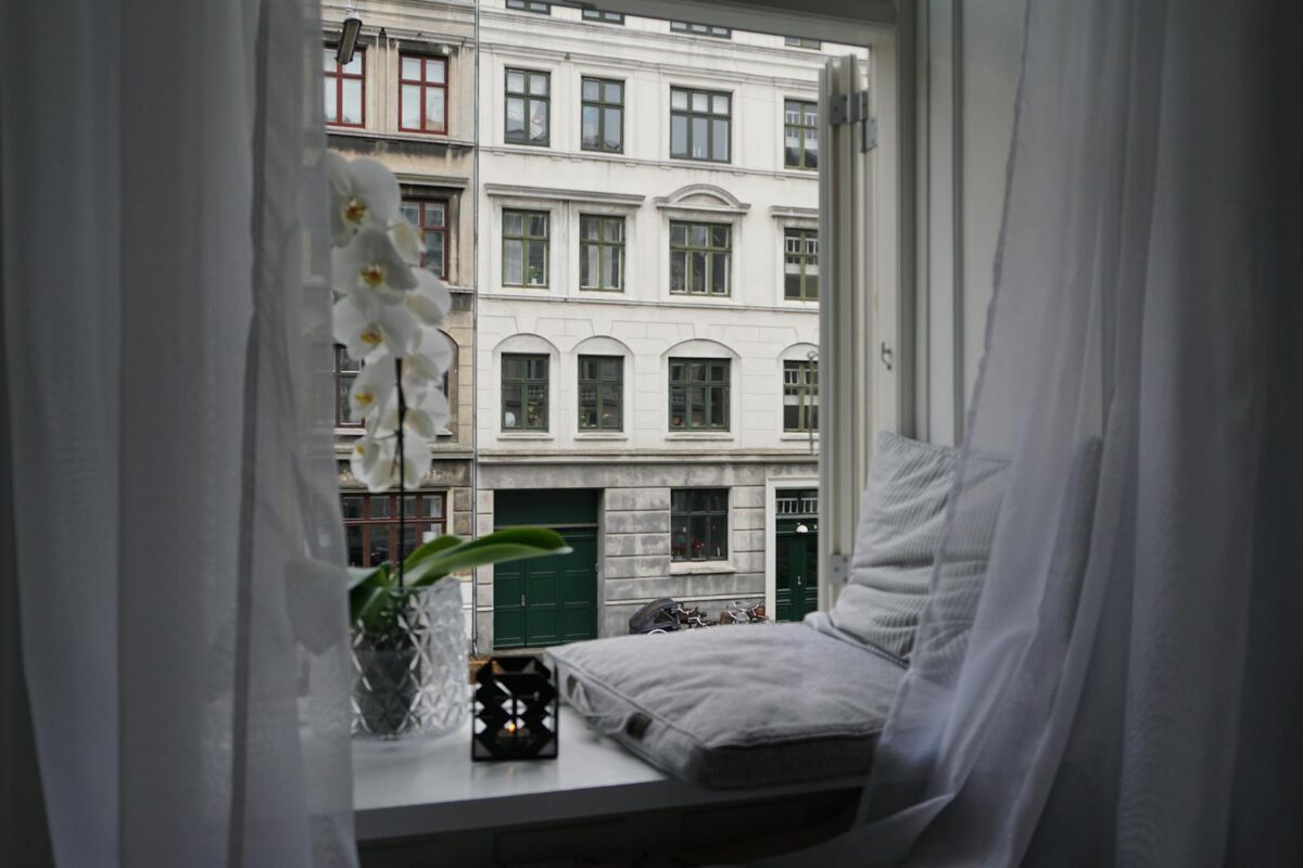 A serene view of a window seat with an orchid and white curtains overlooking Frederiksberg, Denmark.