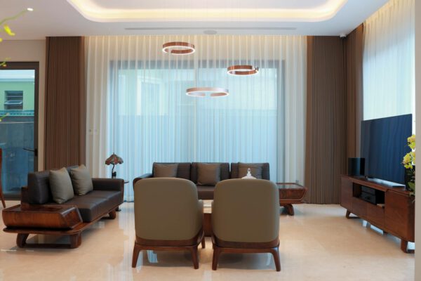 Elegant modern living room with minimalist furniture and soft lighting