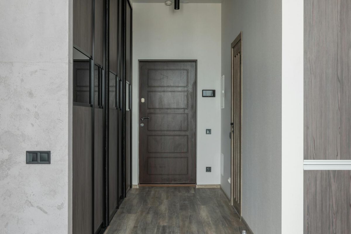 Wooden door against narrow passage with parquet and closet in contemporary house in daylight