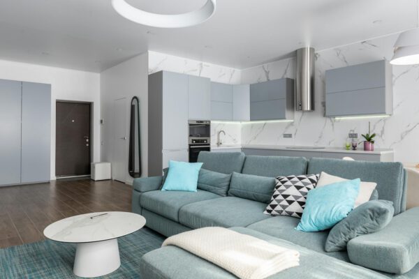 Large studio apartment with modern design and sofa gray sofa with many pillows with patterns