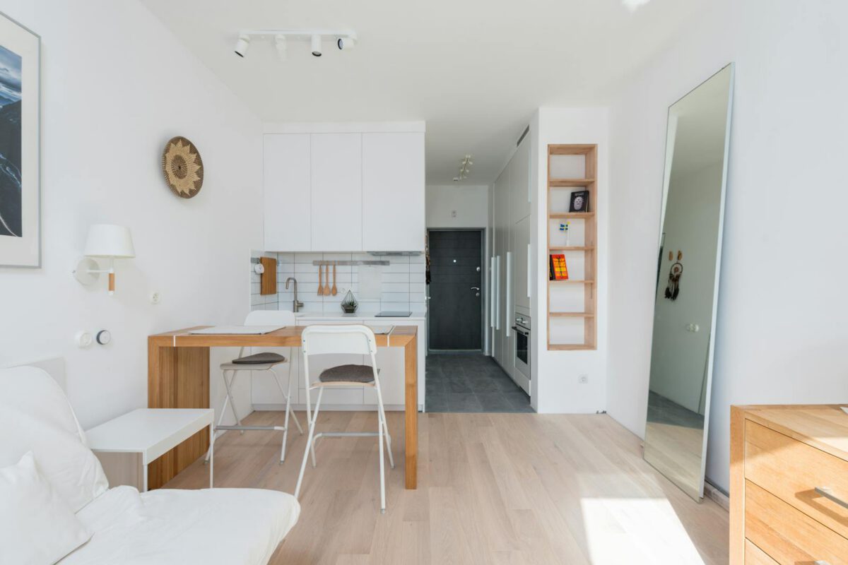 Interior of modern light apartment with comfortable couch and kitchen zone with counter on sunny day