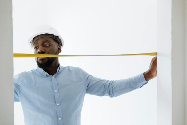 Portrait of a construction worker with a tape measure, working indoors.