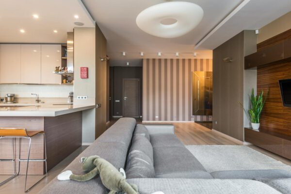 Spacious living room with a modern, minimalist design and open kitchen layout.