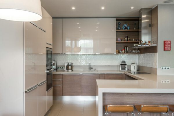 Sleek modern kitchen with white cabinets and island