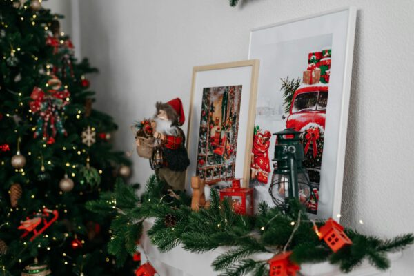 Festive Christmas mantel with holiday decorations
