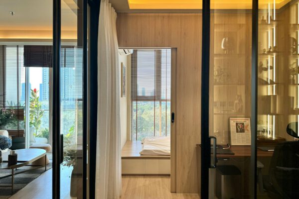 Sleek contemporary apartment interior with city view