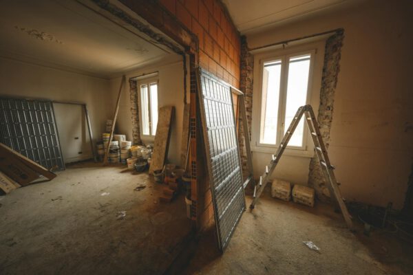 Interior of a room under renovation with construction materials