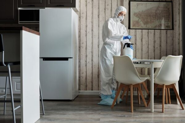 Person in hazmat suit disinfecting a modern kitchen table with spray bottle for hygiene.